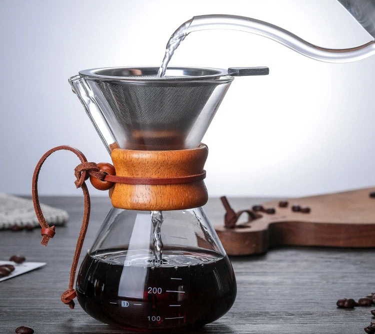 Cafeteira de Vidro Pour Over Manual com Alça de Madeira