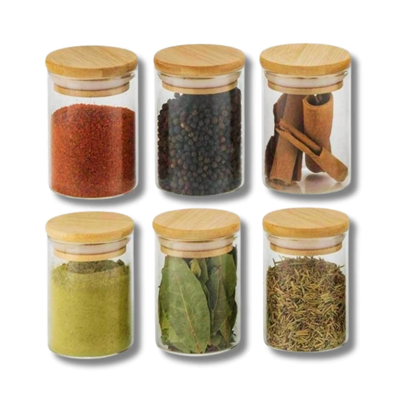 Kit 6 Potes de Vidro Redondos 160ml – Porta Temperos e Mantimentos em Borossilicato com Tampa de Bambu